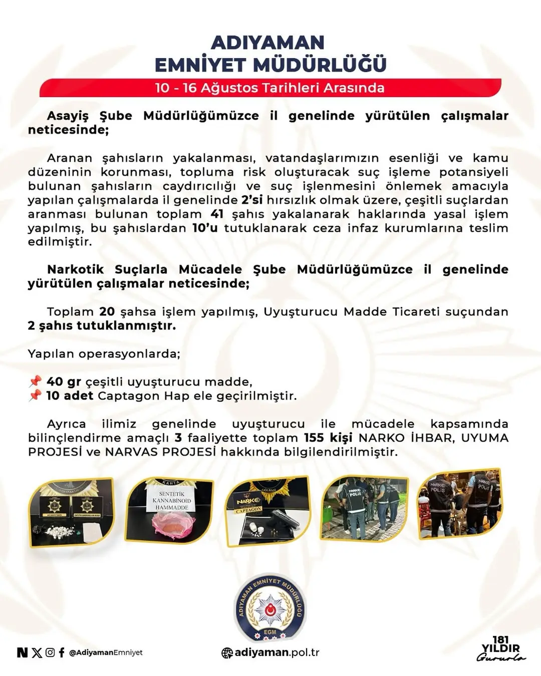 Adıyaman Emniyet Müdürlüğü'nden Suçla Mücadele Operasyonlarına İlişkin Açıklama