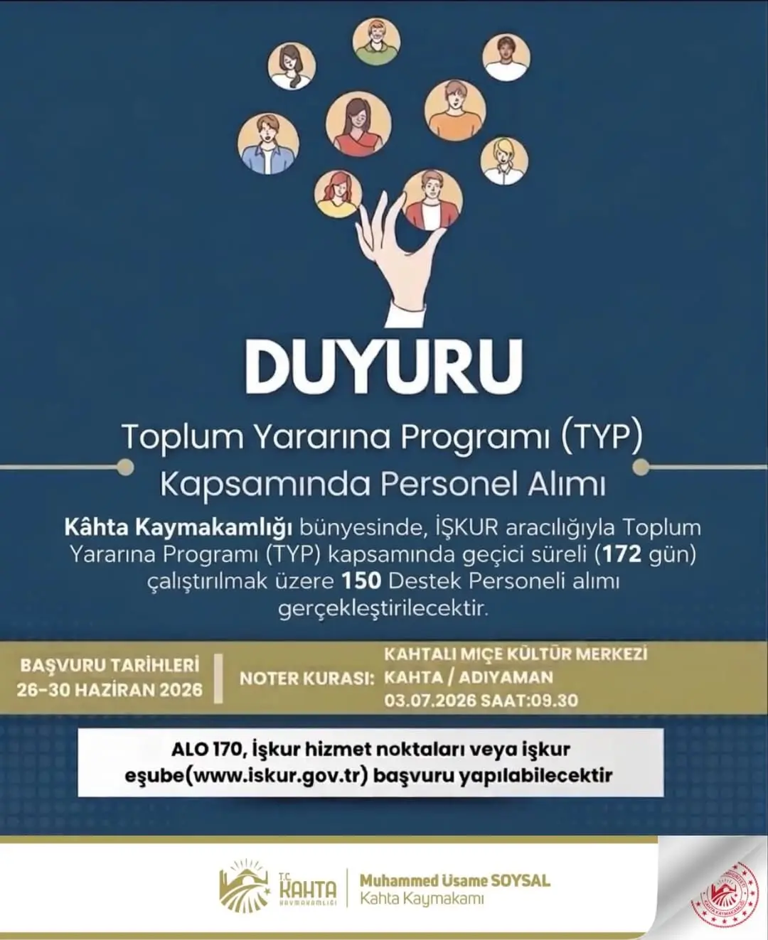 Kahta Kaymakamlığı Toplum Yararına Programı Kapsamında Personel Alımı Duyurusu