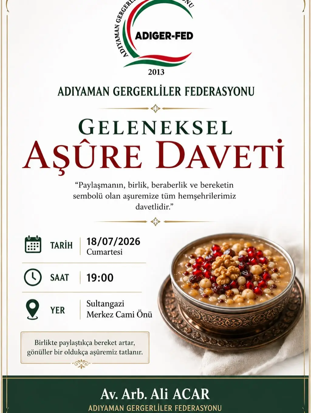 Adıyaman Gergerliler Federasyonu Aşure Etkinliğine Davet Ediyor