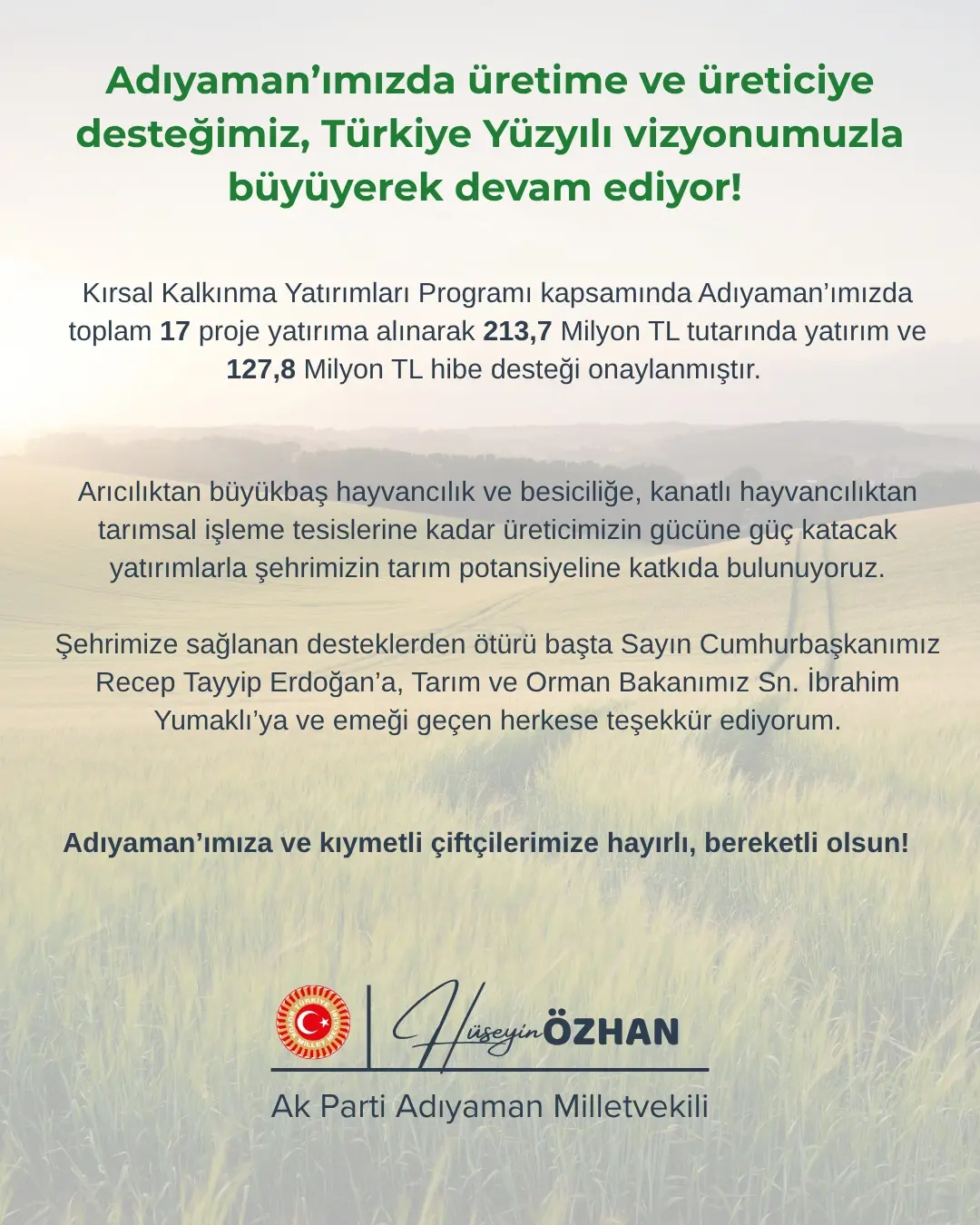 Adıyaman’da Tarıma Verilen Destekler Artıyor