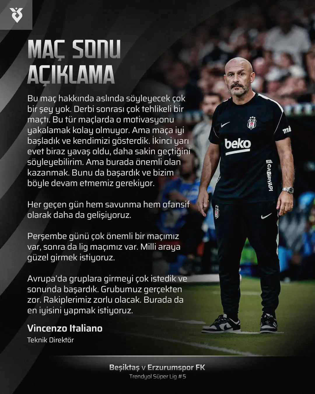 Beşiktaş Teknik Direktörü Vincenzo Italiano'dan Maç Sonu Açıklama