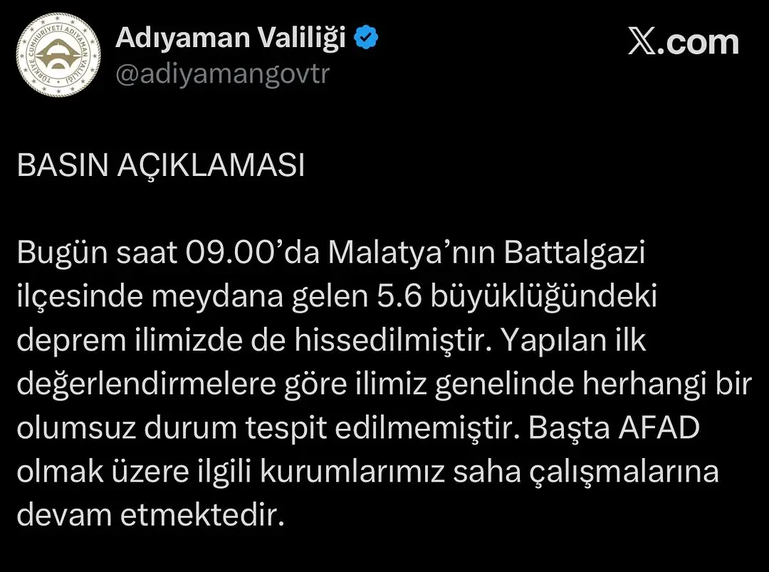 Adıyaman Valiliği'nden Deprem Açıklaması