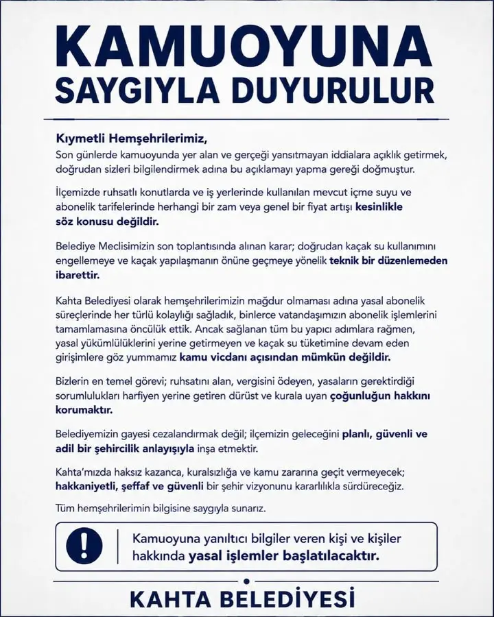 Kahta Belediyesi'nden Son Dakika Açıklaması: Su Tarifeleri Hakkında Doğru Bilgilendirme
