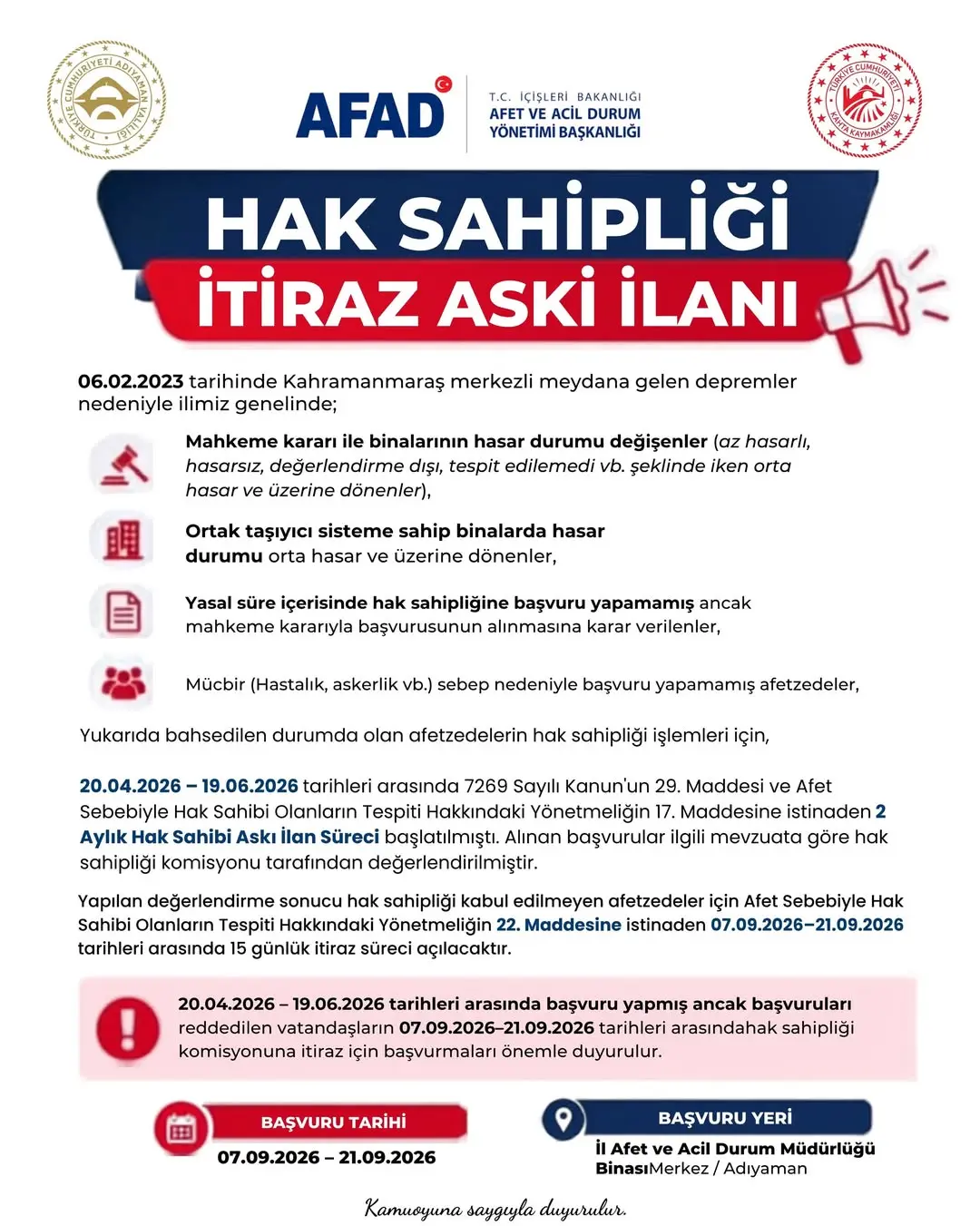 Kahta Kaymakamlığı Hak Sahipliği İtiraz Askı İlanı