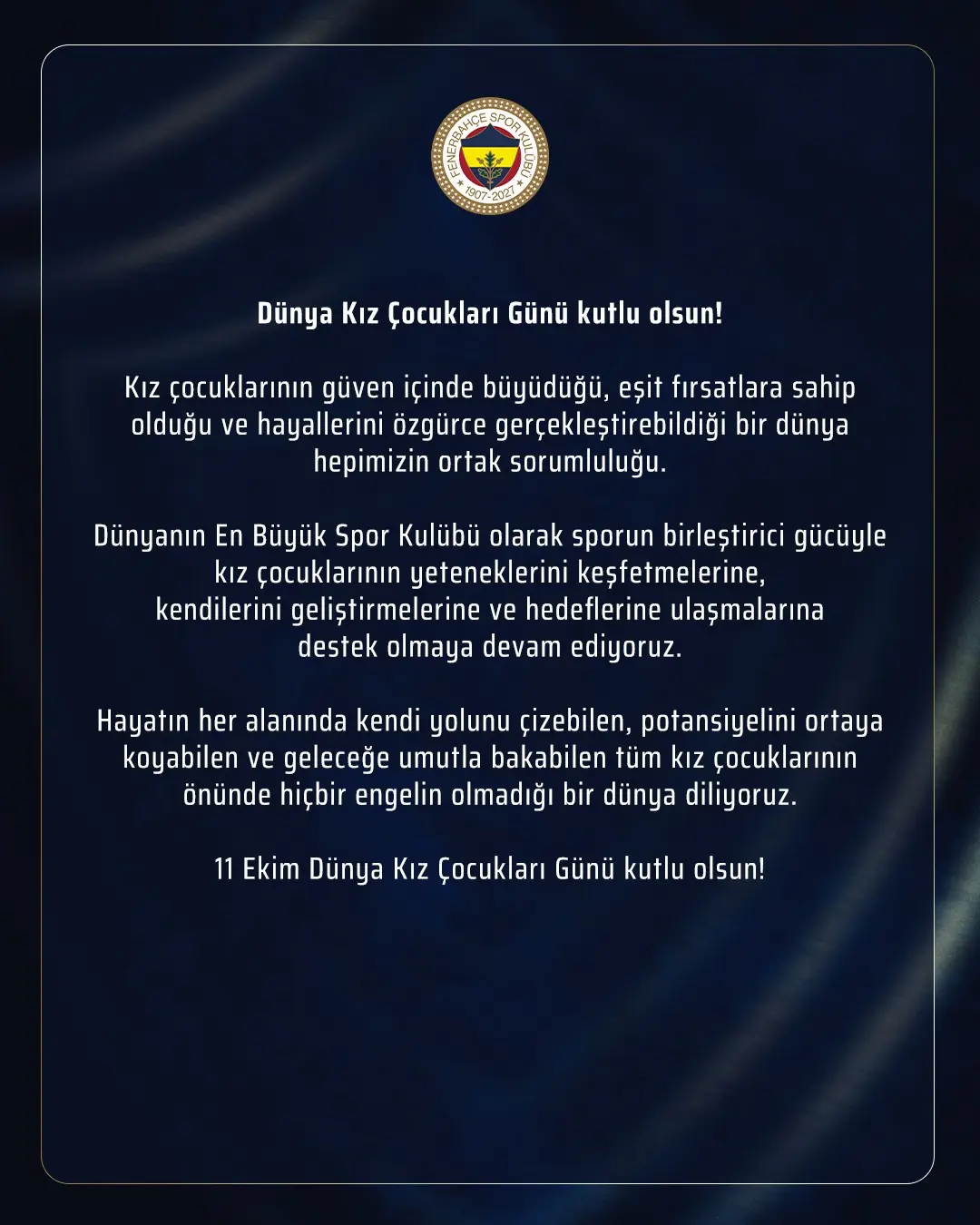 Fenerbahçe Spor Kulübü'nden Dünya Kız Çocukları Günü Açıklaması