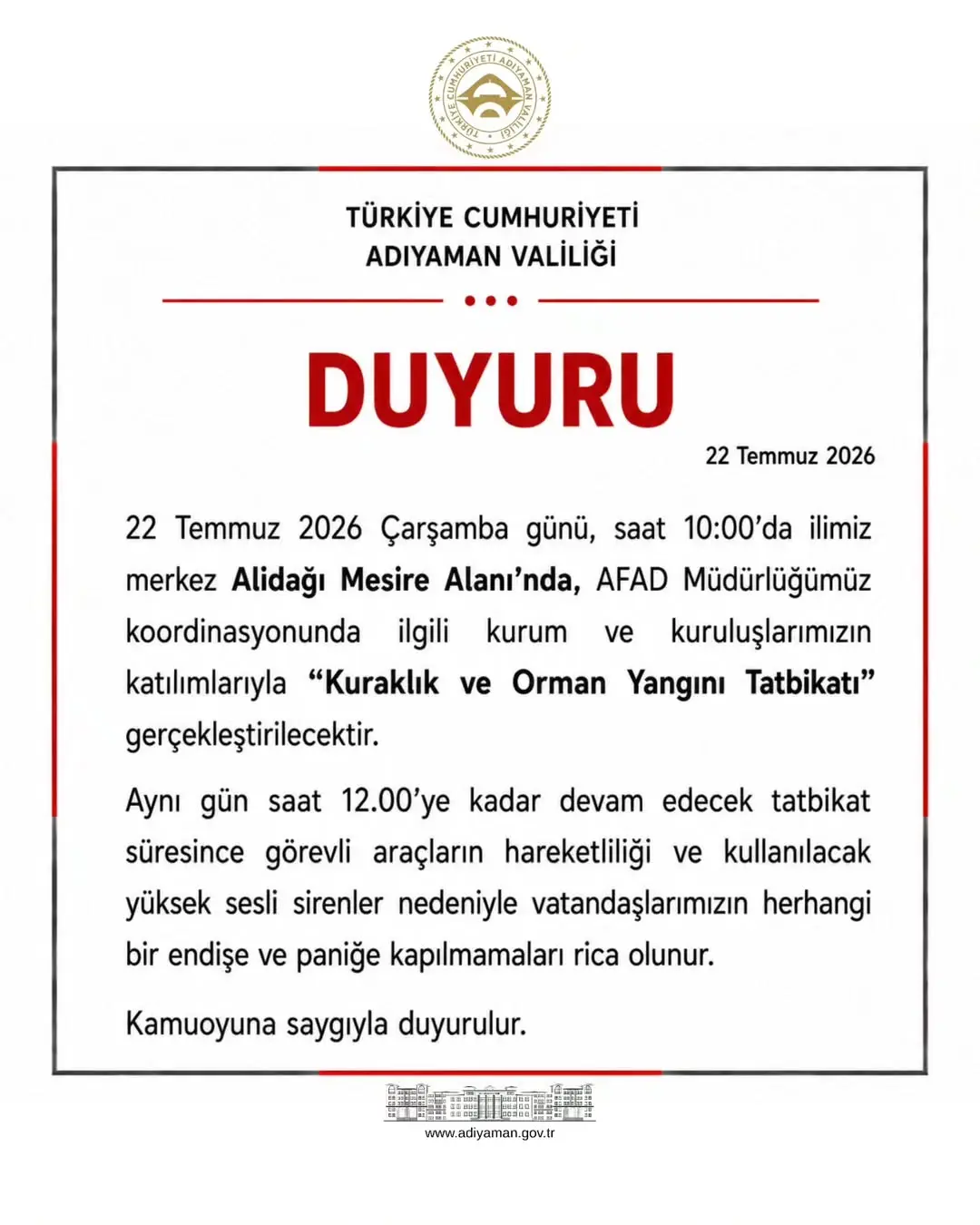 Adıyaman Valiliği'nden Kuraklık ve Orman Yangını Tatbikatı Duyurusu