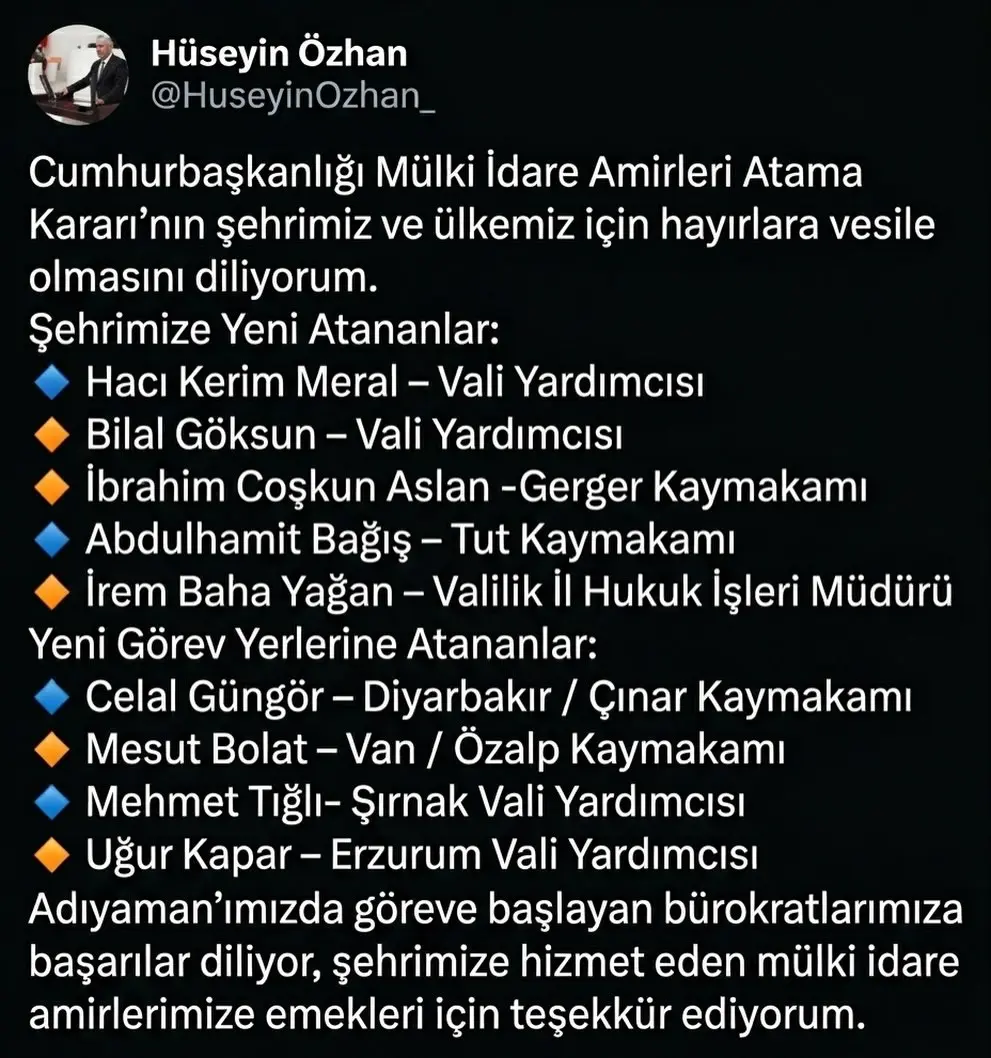 Cumhurbaşkanlığı Mülki İdare Amirleri Atama Kararı'nın Şehrimiz ve Ülkemiz İçin Hayırlara Vesile Olduğu Dileği