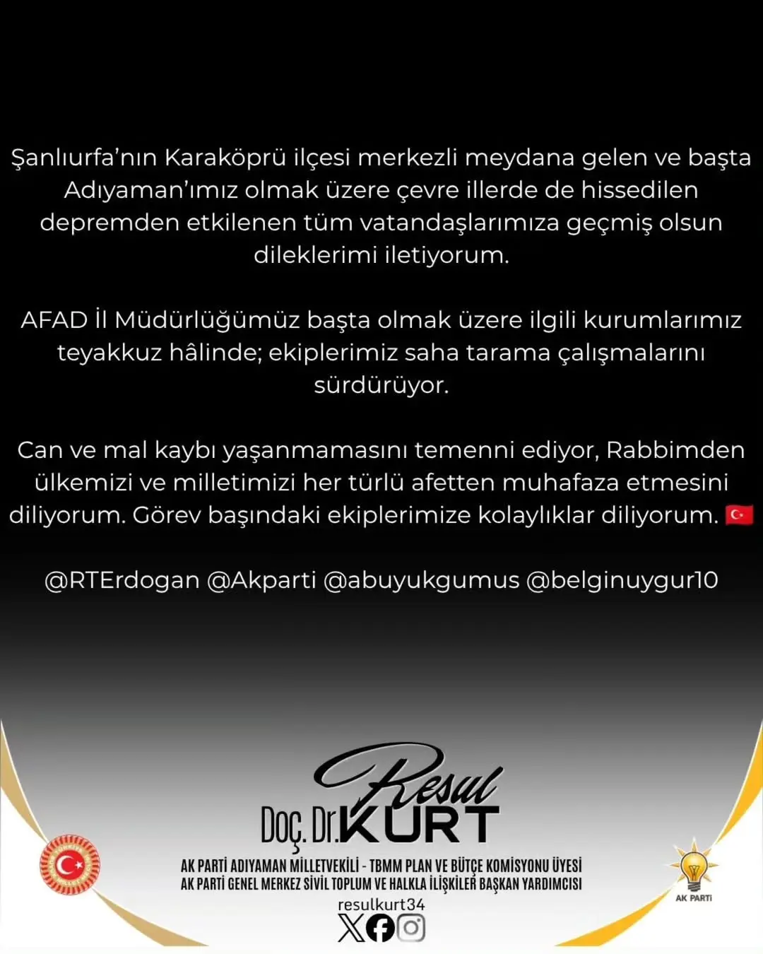 Şanlıurfa’nın Karaköprü ilçesinde saat 10.40’ta meydana gelen 5,4 büyüklüğündeki depremden etkilenen;...