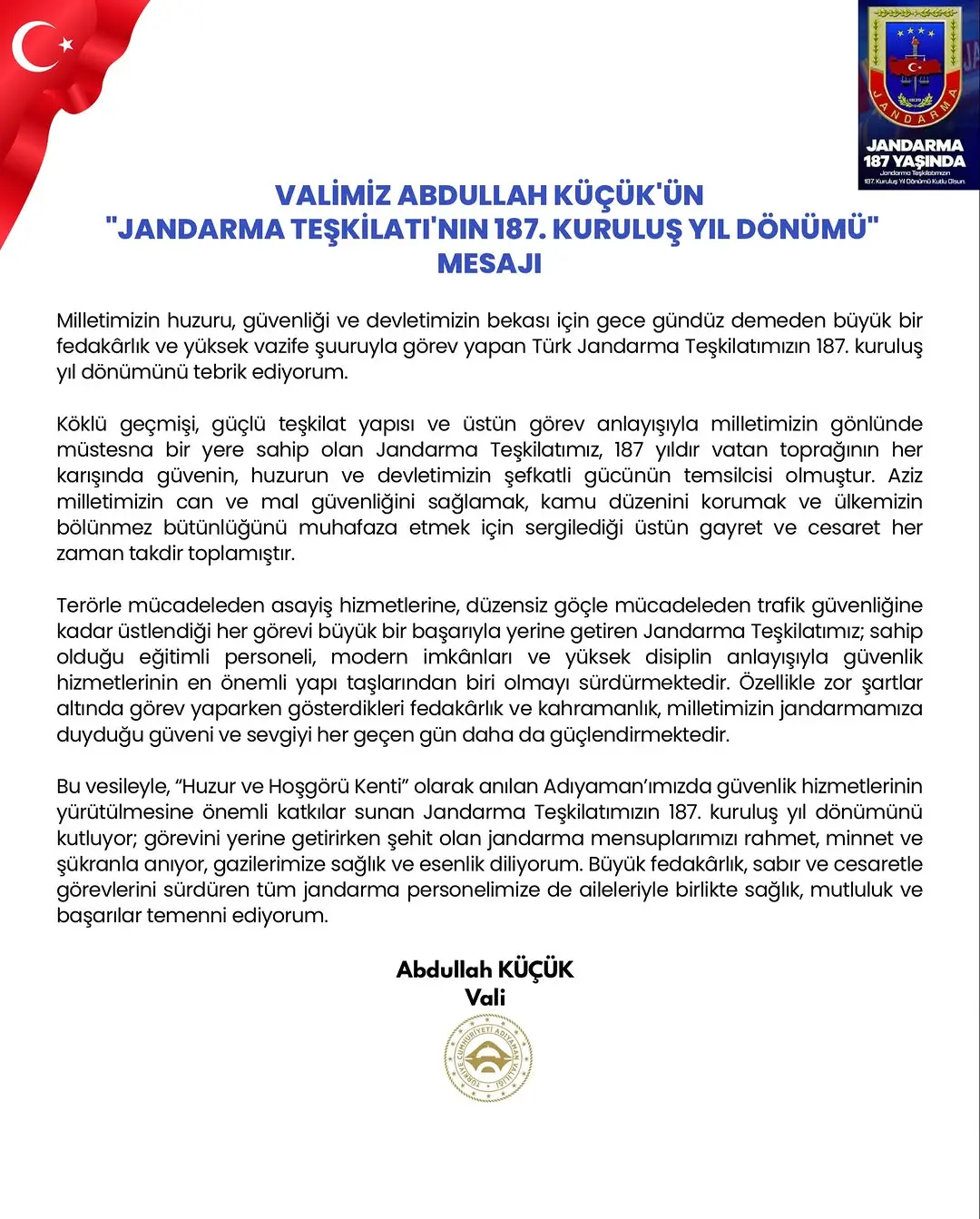 Valimiz Abdullah Küçük’ün Jandarma Teşkilatı’nın 187. Kuruluş Yıl Dönümü Mesajı