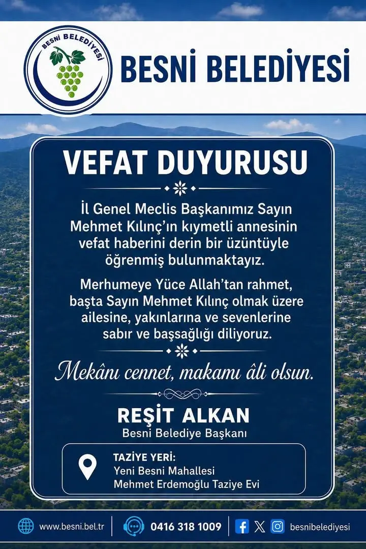 Besni Belediyesi'nden Vefat Duyurusu: Hanım Kılınç'ın Ardından