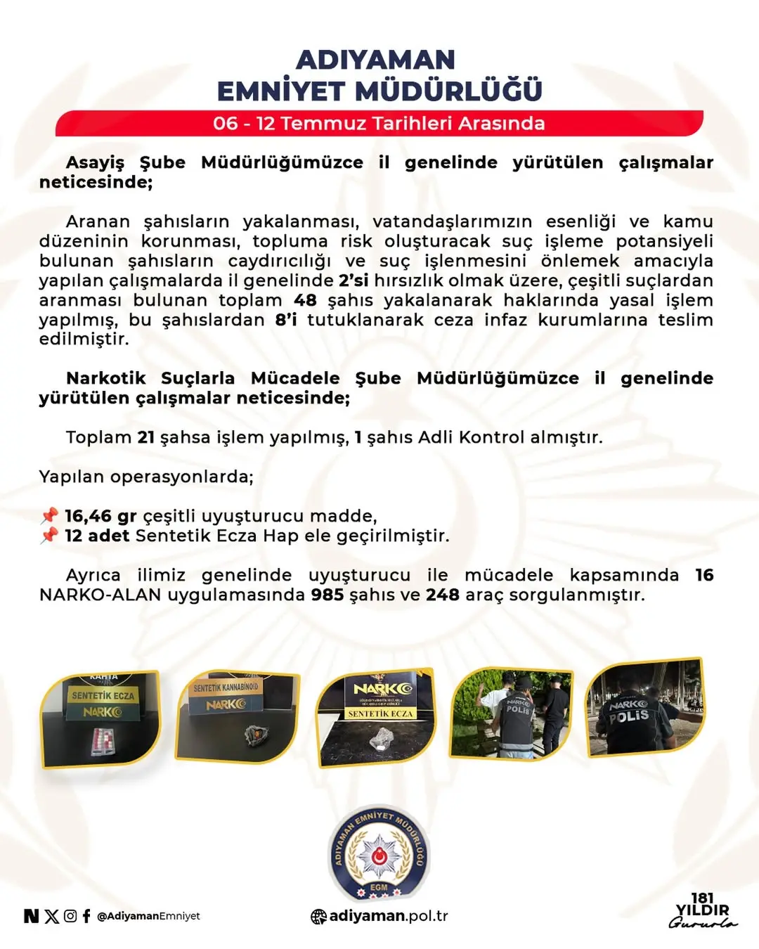 Adıyaman Emniyet Müdürlüğü'nden Suçla Mücadele Operasyonu Raporu