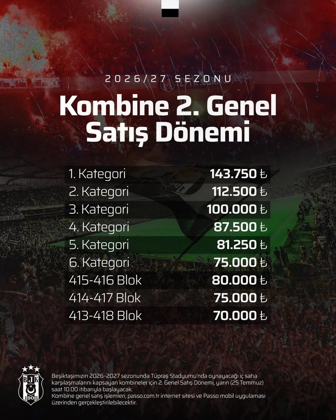 Beşiktaş'ın Tüpraş Stadyumu'nda 2026-27 Sezonu Kombine Satışları Başlıyor
