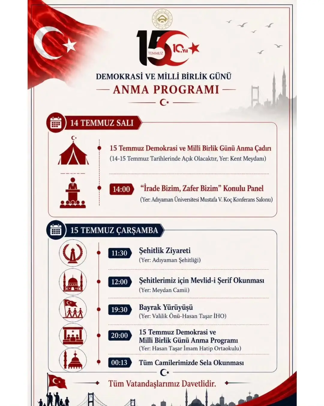 15 Temmuz Demokrasi ve Millî Birlik Günü Anma Programlarına Davet