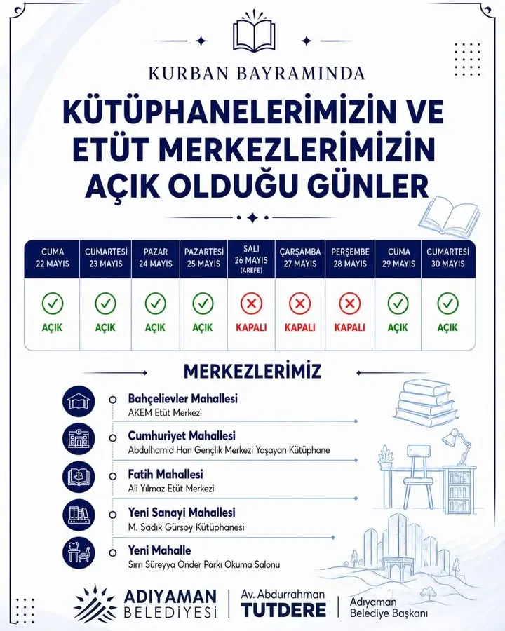 Kurban Bayramında Kütüphaneler ve Etüt Merkezleri Açık Olacak