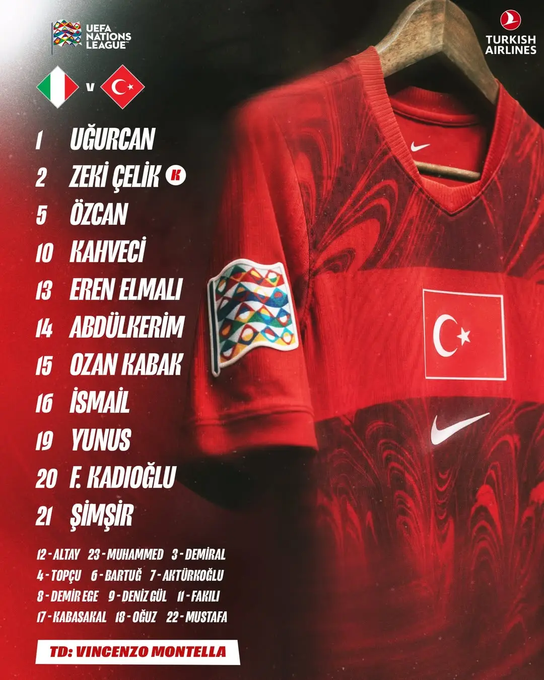 A Millî Takımımızın İtalya karşısında sahaya çıkacak 11’i belli oldu. 🇹🇷...