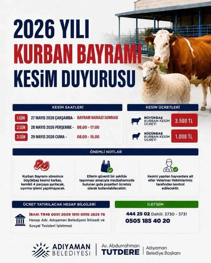 Adıyaman Belediyesi 2026 Kurban Bayramı Kesim Duyurusu