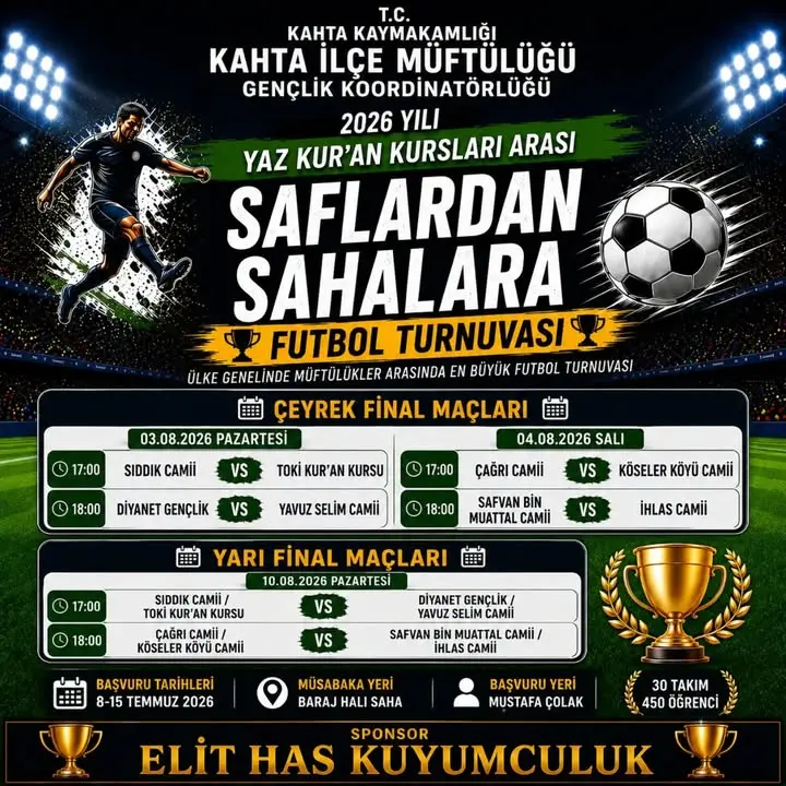 2026 Yaz Kur'an Kursları Futbol Turnuvası'nda Çeyrek Final Heyecanı Pazartesi Başlıyor