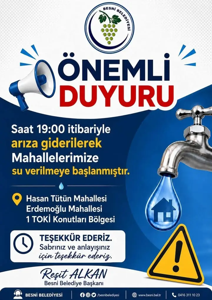 Besni Belediyesi'nden Su Arızası Duyurusu