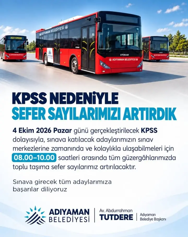 Adıyaman Belediyesi'nden KPSS Adaylarına Özel Otobüs Duyurusu