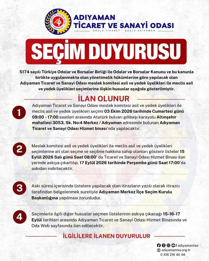 Adıyaman Ticaret ve Sanayi Odası Seçim Duyurusu