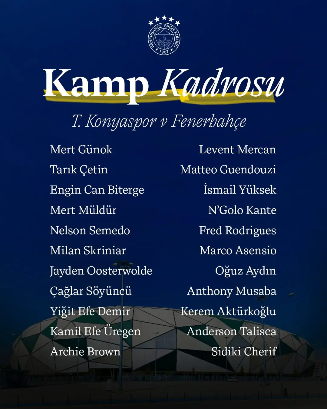 Fenerbahçe'nin T. Konyaspor Maçı Kamp Kadrosu Açıklandı