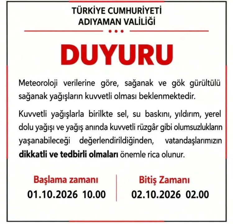 Besni Belediyesi Duyuru: Kuvvetli Yağış Uyarısı!