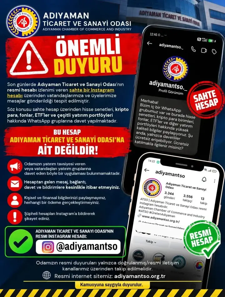 Adıyaman Ticaret ve Sanayi Odası'ndan Sahte Hesap Uyarısı