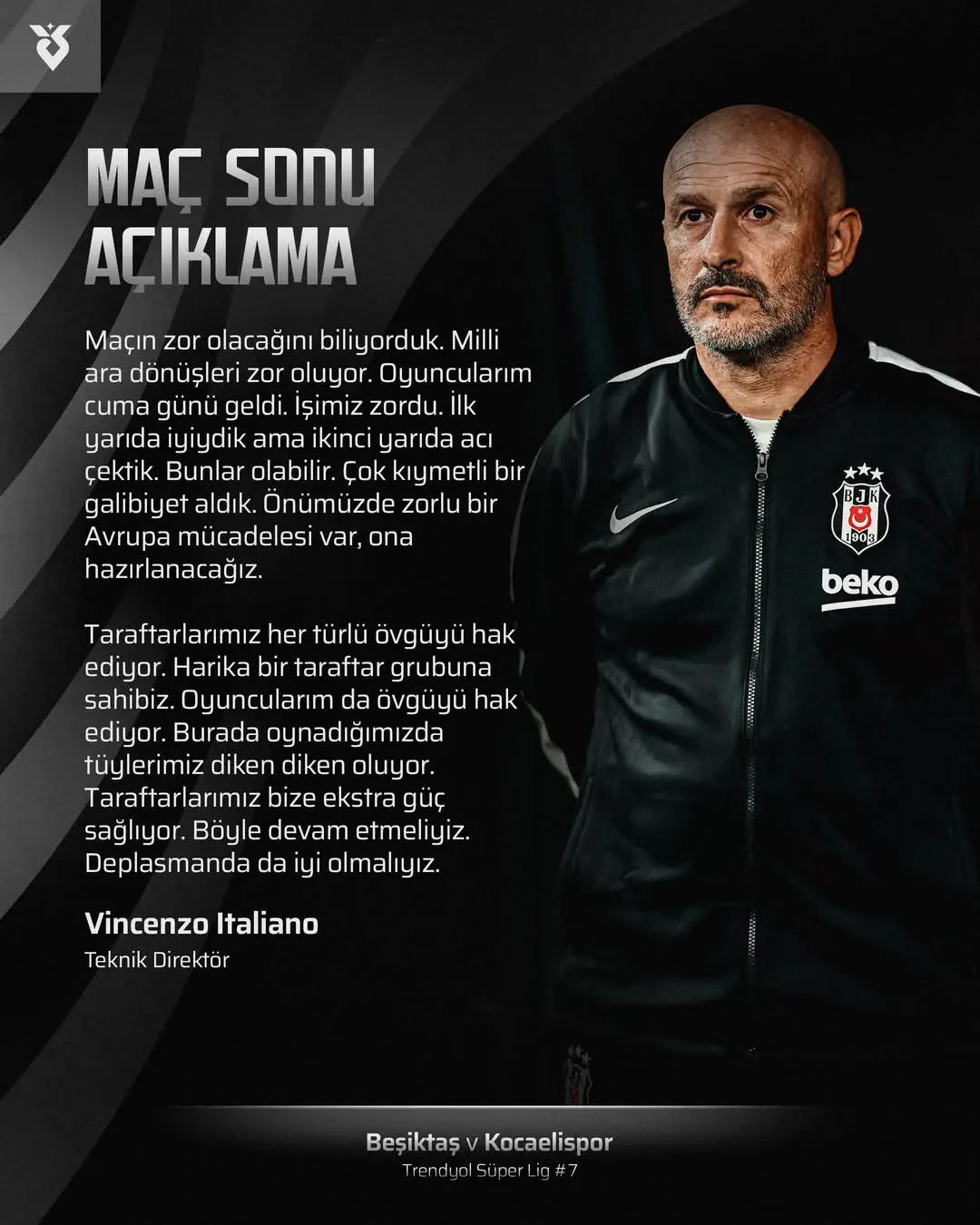 Beşiktaş Teknik Direktörü Vincenzo Italiano Maç Sonu Açıklamalarını Paylaştı
