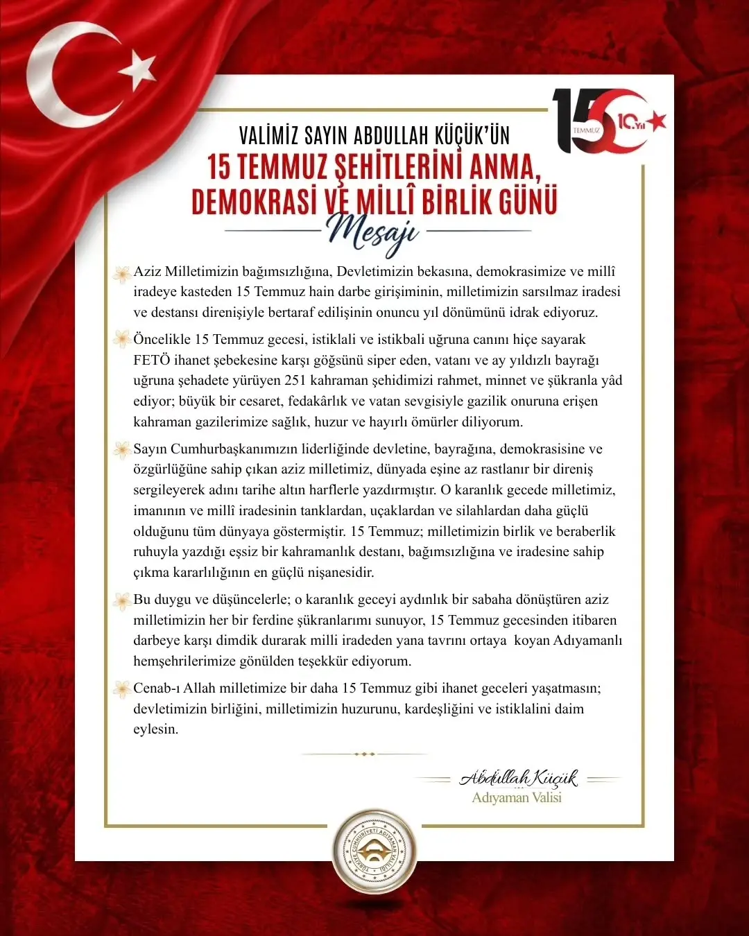 Adıyaman Valiliği'nden 15 Temmuz Şehitlerini Anma Mesajı