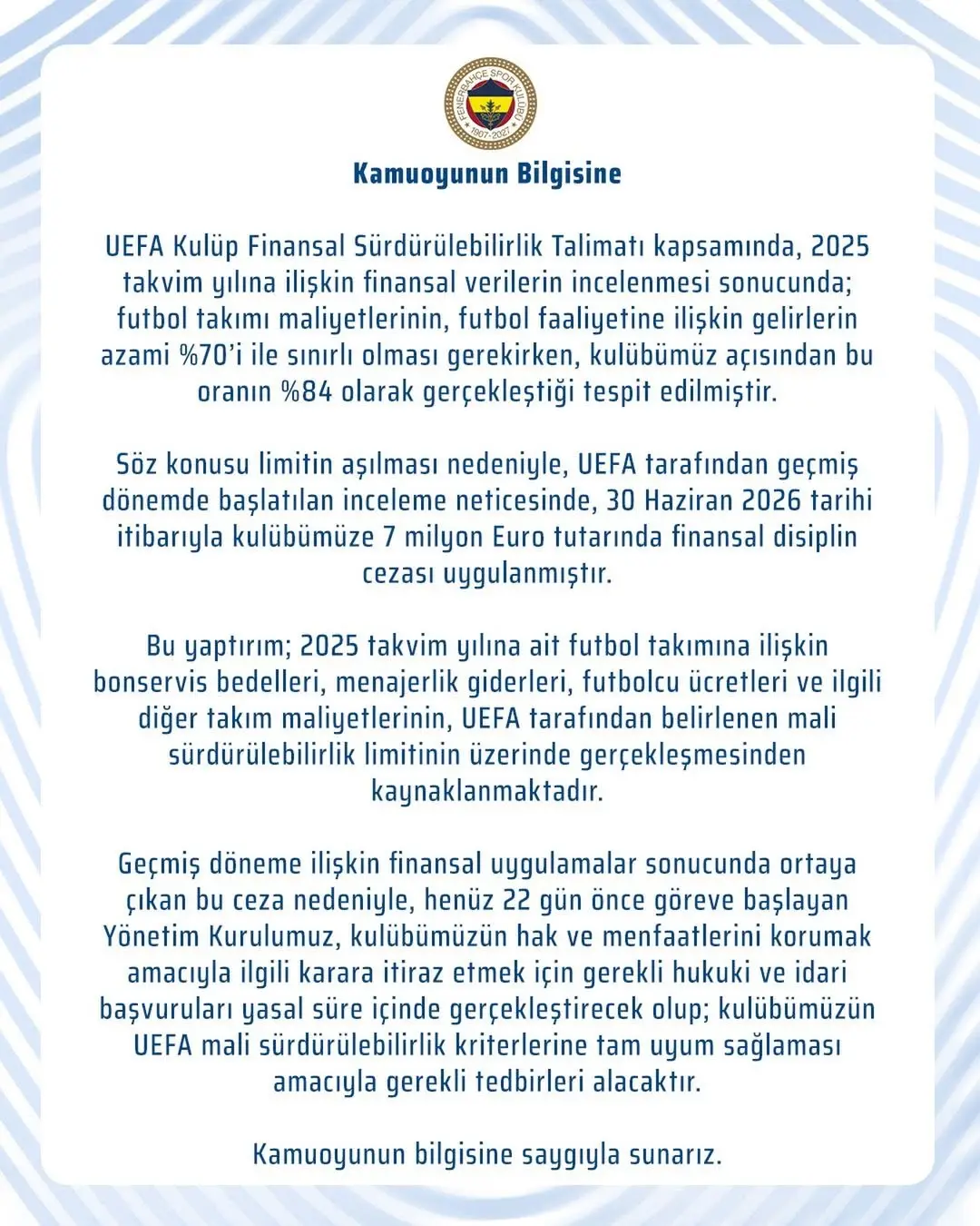Fenerbahçe'nin UEFA Cezası Hakkında Açıklama