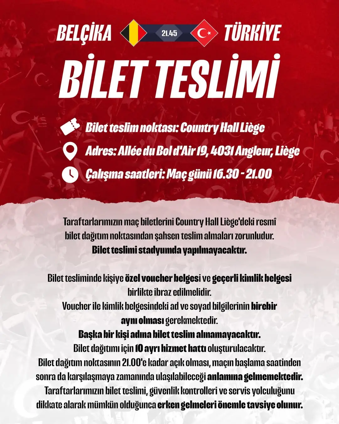 Belçika - Türkiye Maçı Taraftarlarına Bilet Teslim Noktası Bilgilendirmesi