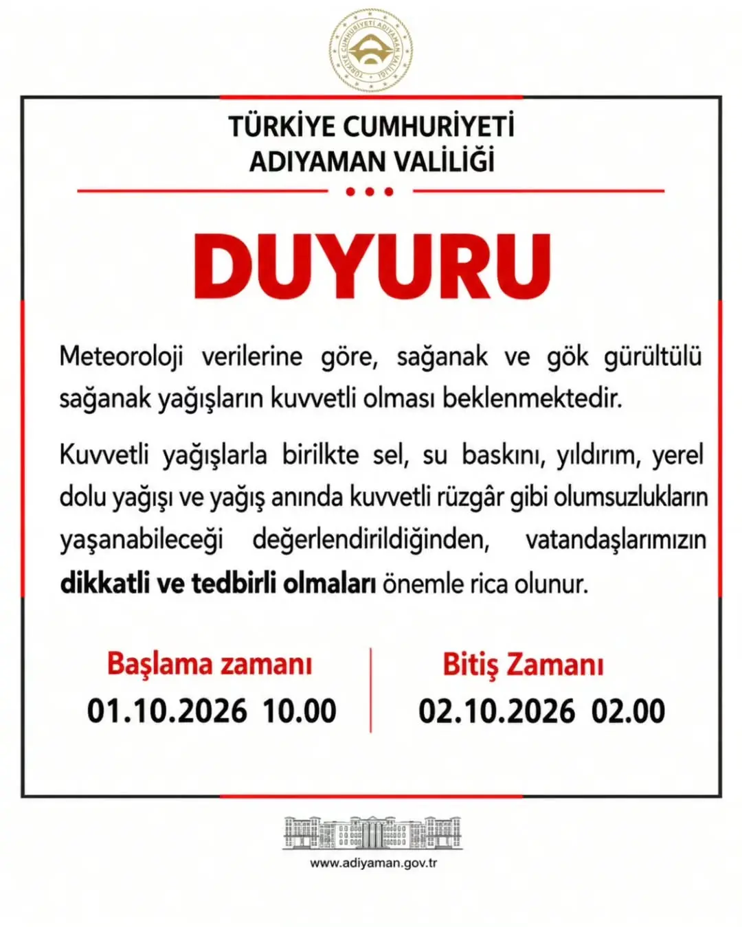 Adıyaman Valiliği'nden Kuvvetli Yağış Uyarısı!
