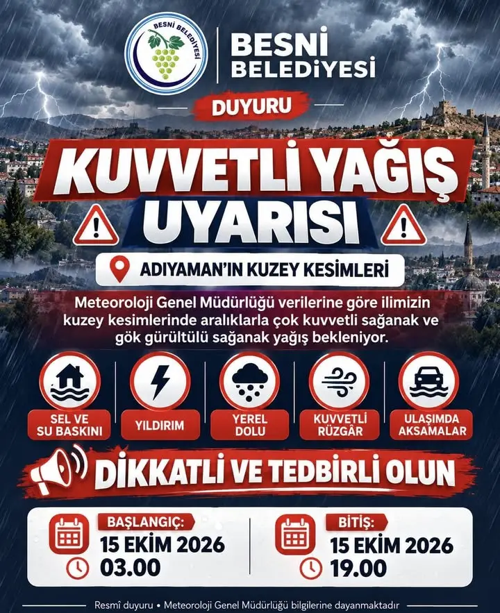 Besni ve Adıyaman İçin Kuvvetli Yağış Uyarısı