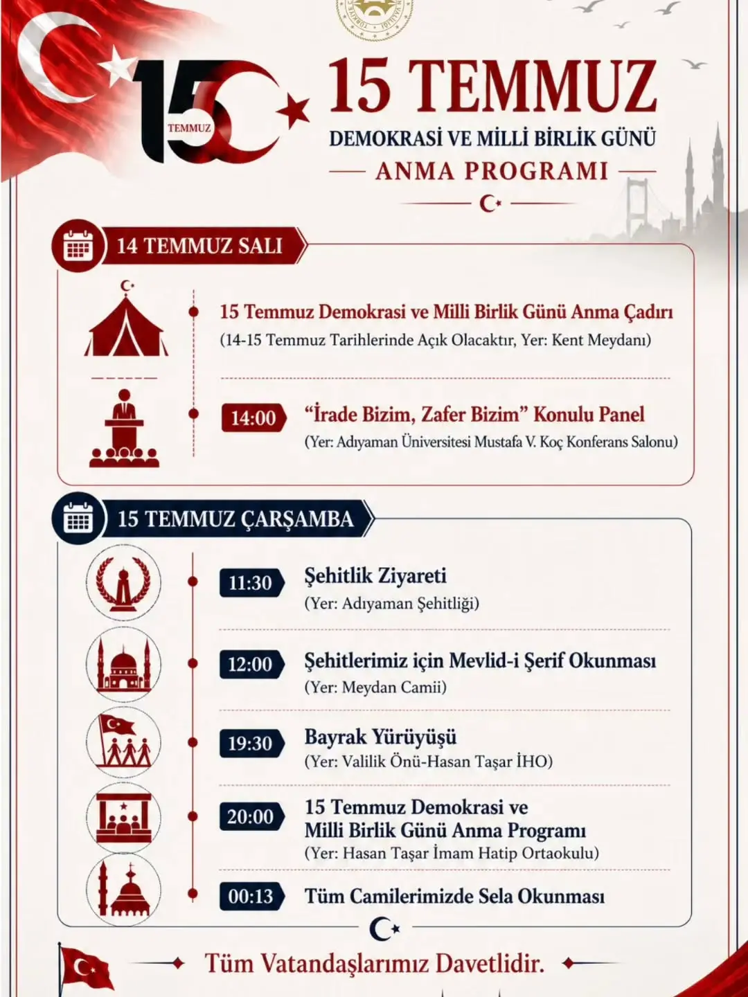 15 Temmuz Demokrasi ve Millî Birlik Günü Anma Programı'na Davet