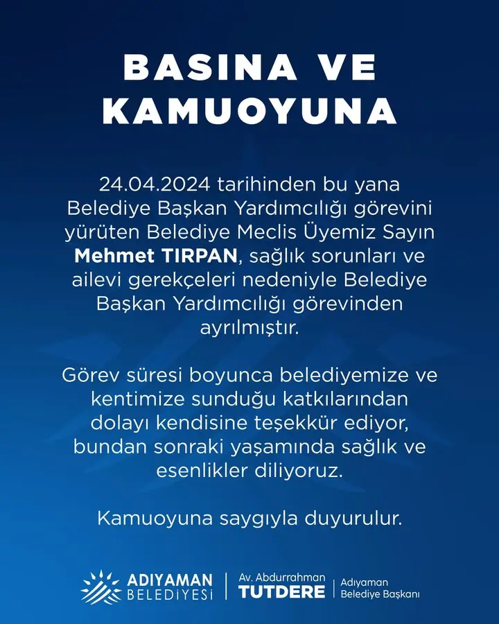 Adıyaman Belediyesi'nden Mehmet Tırpan'a Veda
