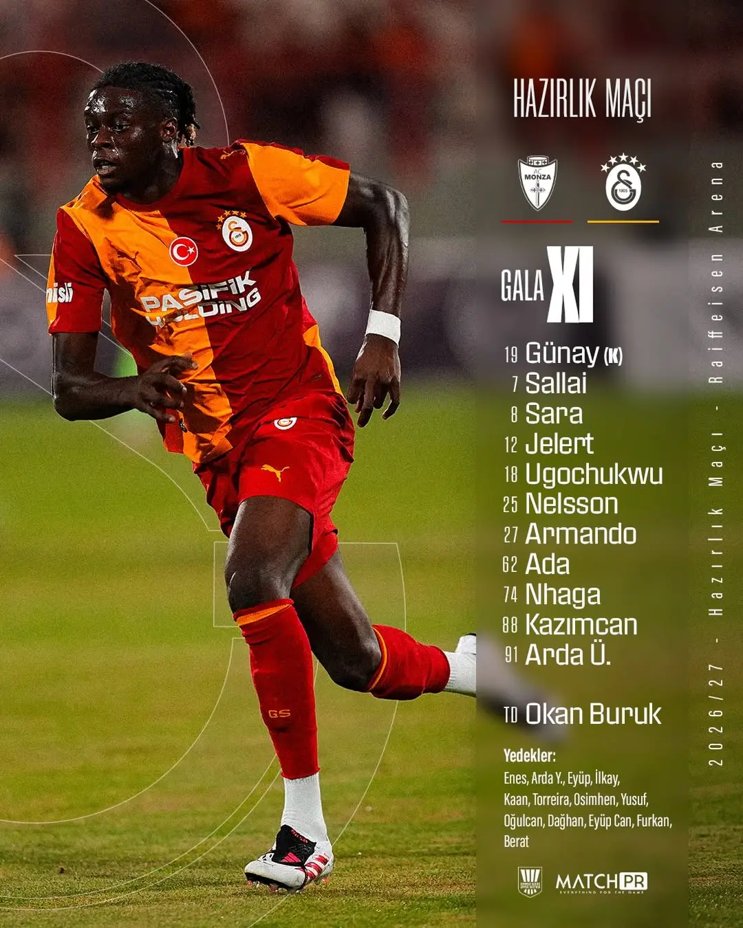 Galatasaray AC Monza Maçı İlk 11 ve Yedekler Açıklandı