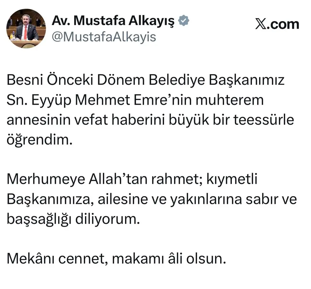 Besni Önceki Dönem Belediye Başkanı Eyyüp Mehmet Emre'nin Annesinin Vefat Haberi