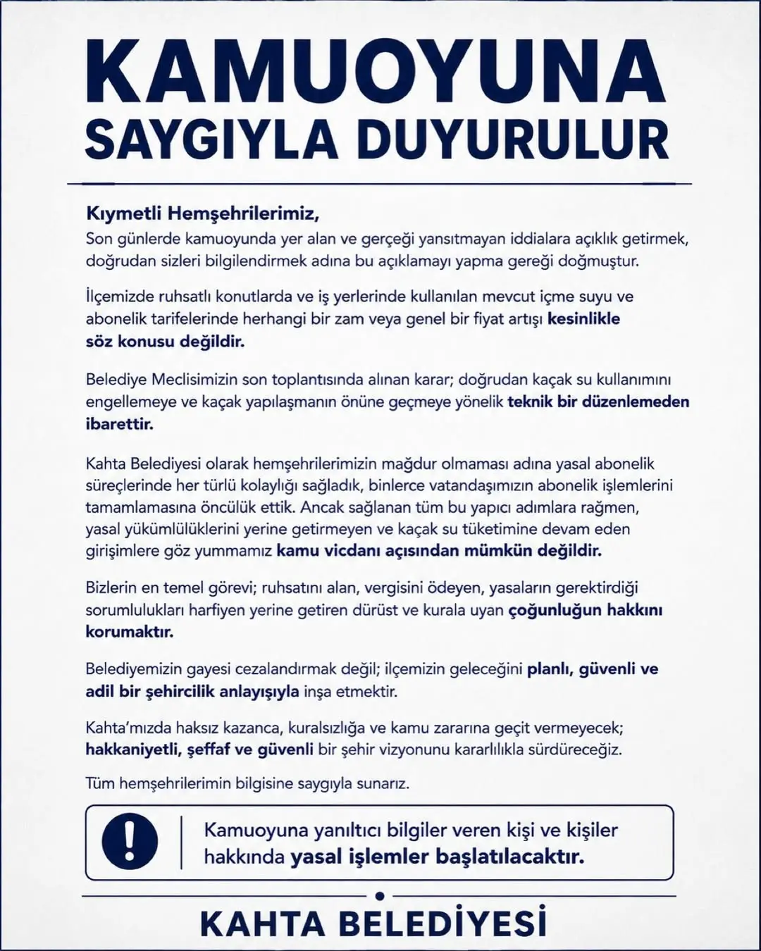 Kahta Belediyesi'nden Önemli Açıklama: İçme Suyu Tarifeleri Hakkında Doğru Bilgilendirme