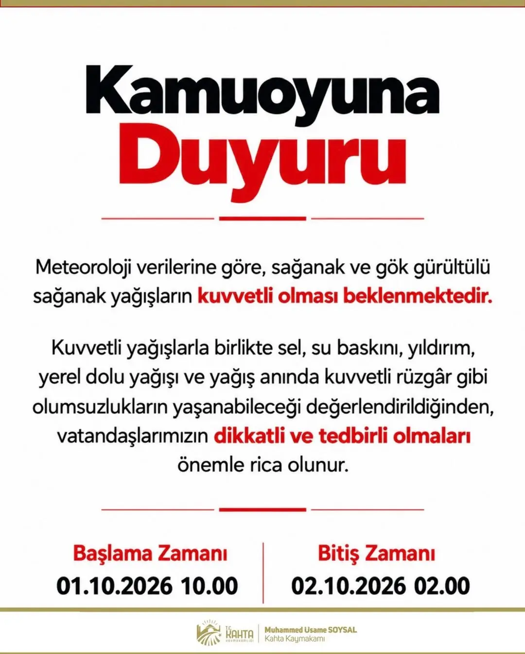 Kahta Kaymakamlığı'ndan Kuvvetli Yağış Uyarısı