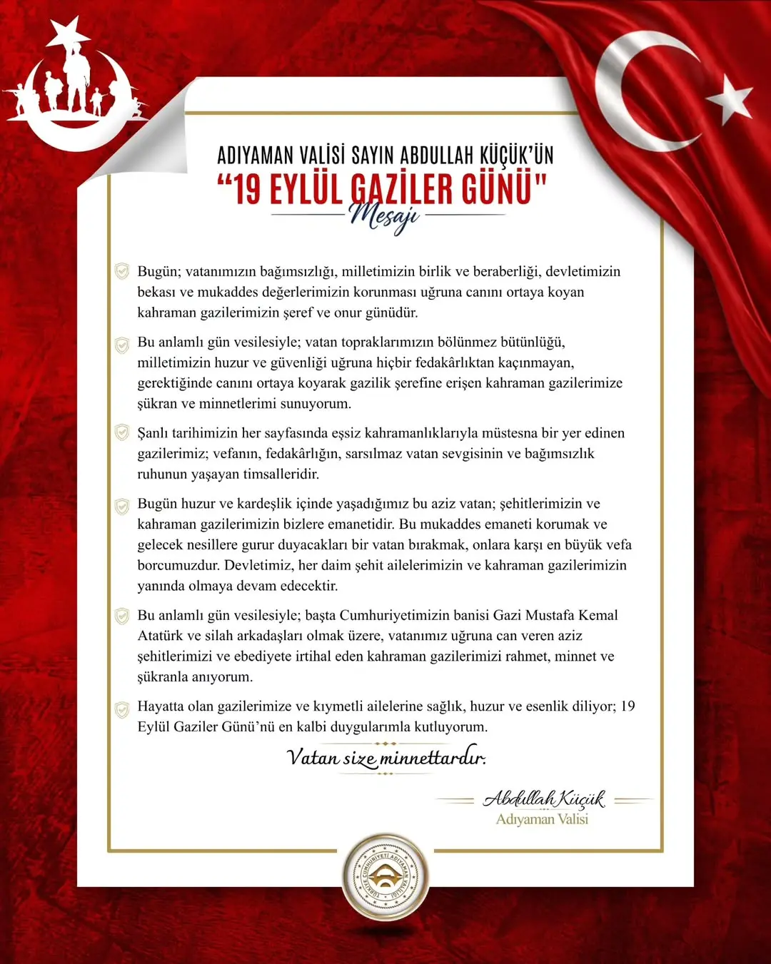 Adıyaman Valiliği'nden 19 Eylül Gaziler Günü Mesajı