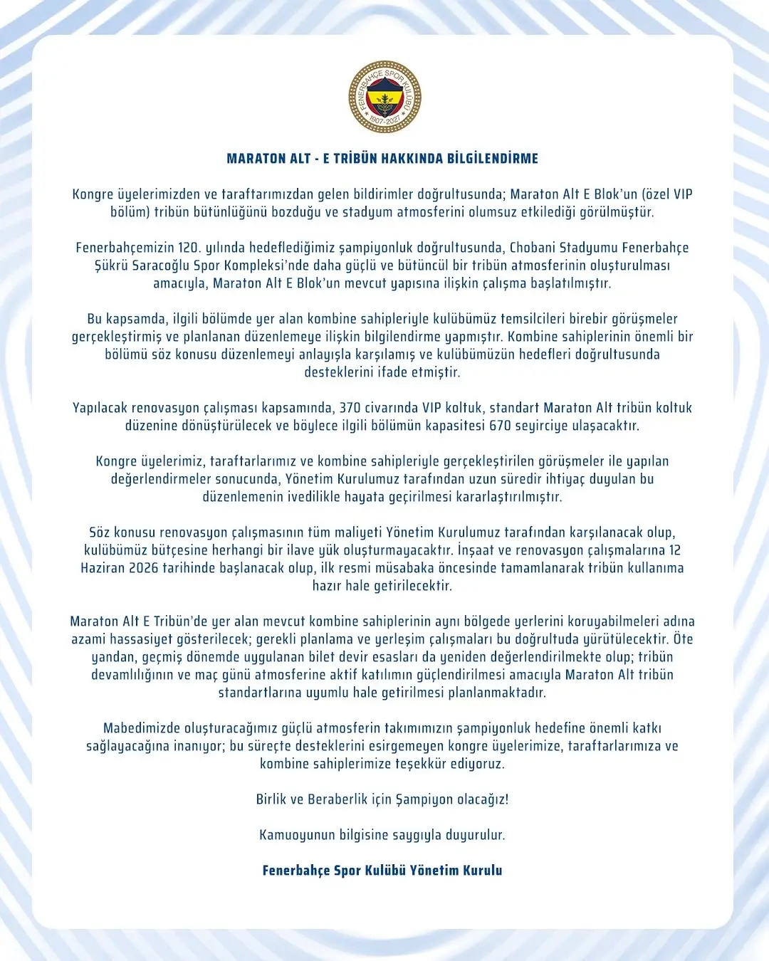 Fenerbahçe, Maraton Alt E Tribünü Hakkında Düzenleme Yapıyor