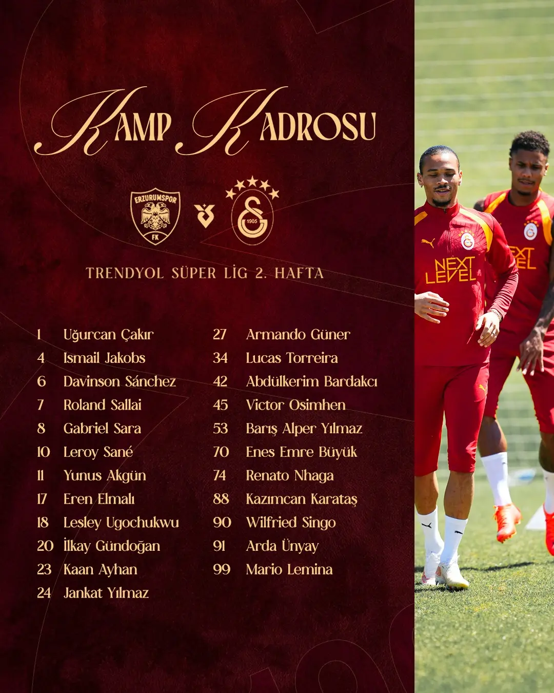Galatasaray'ın Erzurumspor Maçı Kamp Kadrosu Belli Oldu