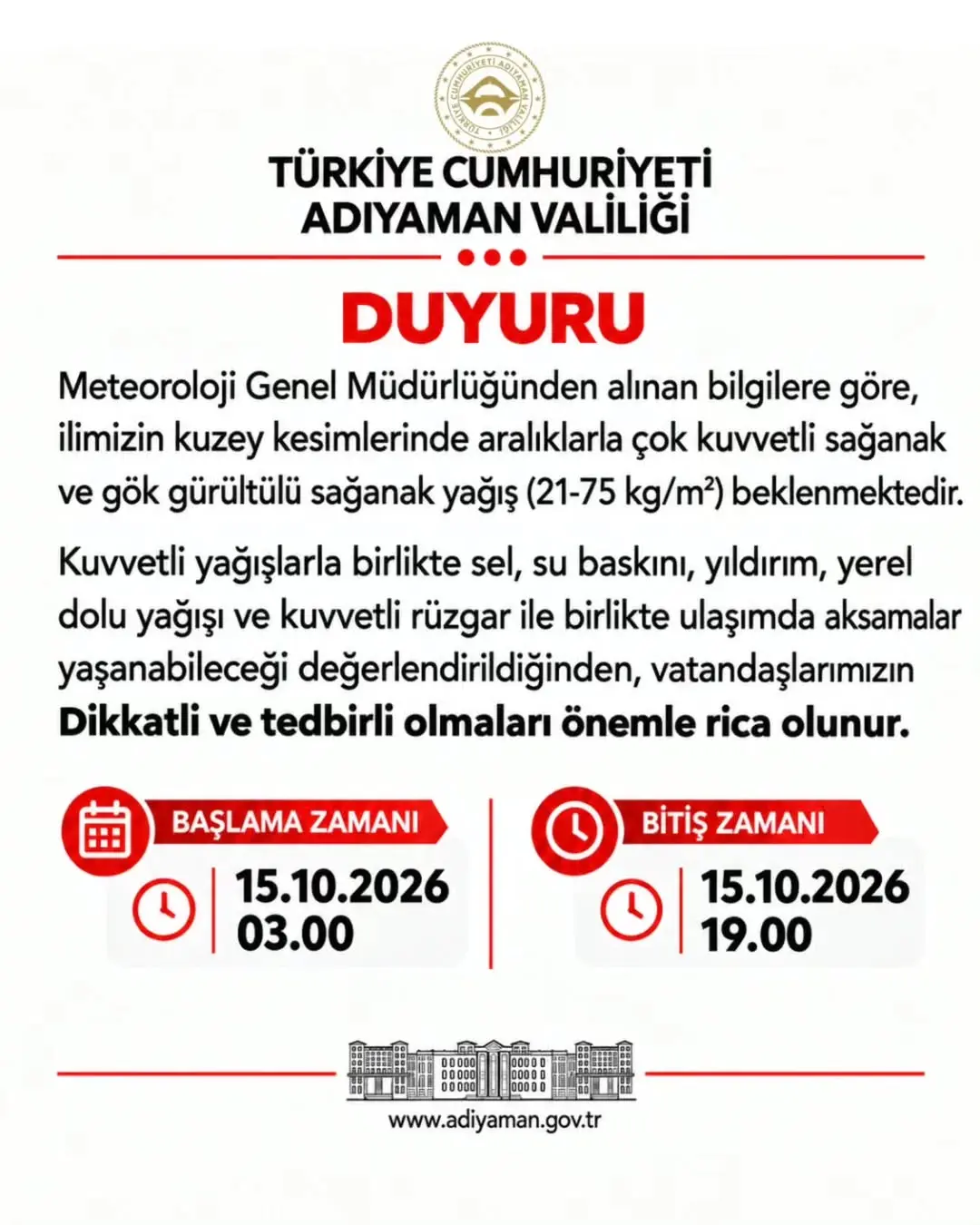 Adıyaman Valiliği'nden Kuvvetli Yağış Uyarısı