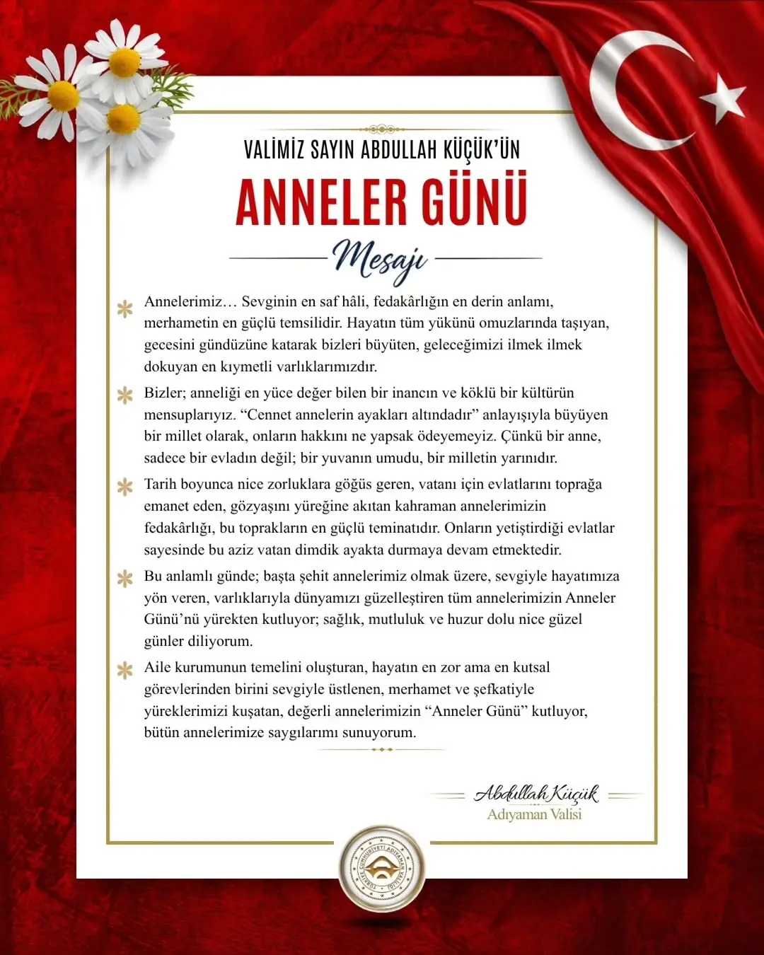 Adıyaman Valiliği'nden Anneler Günü Mesajı