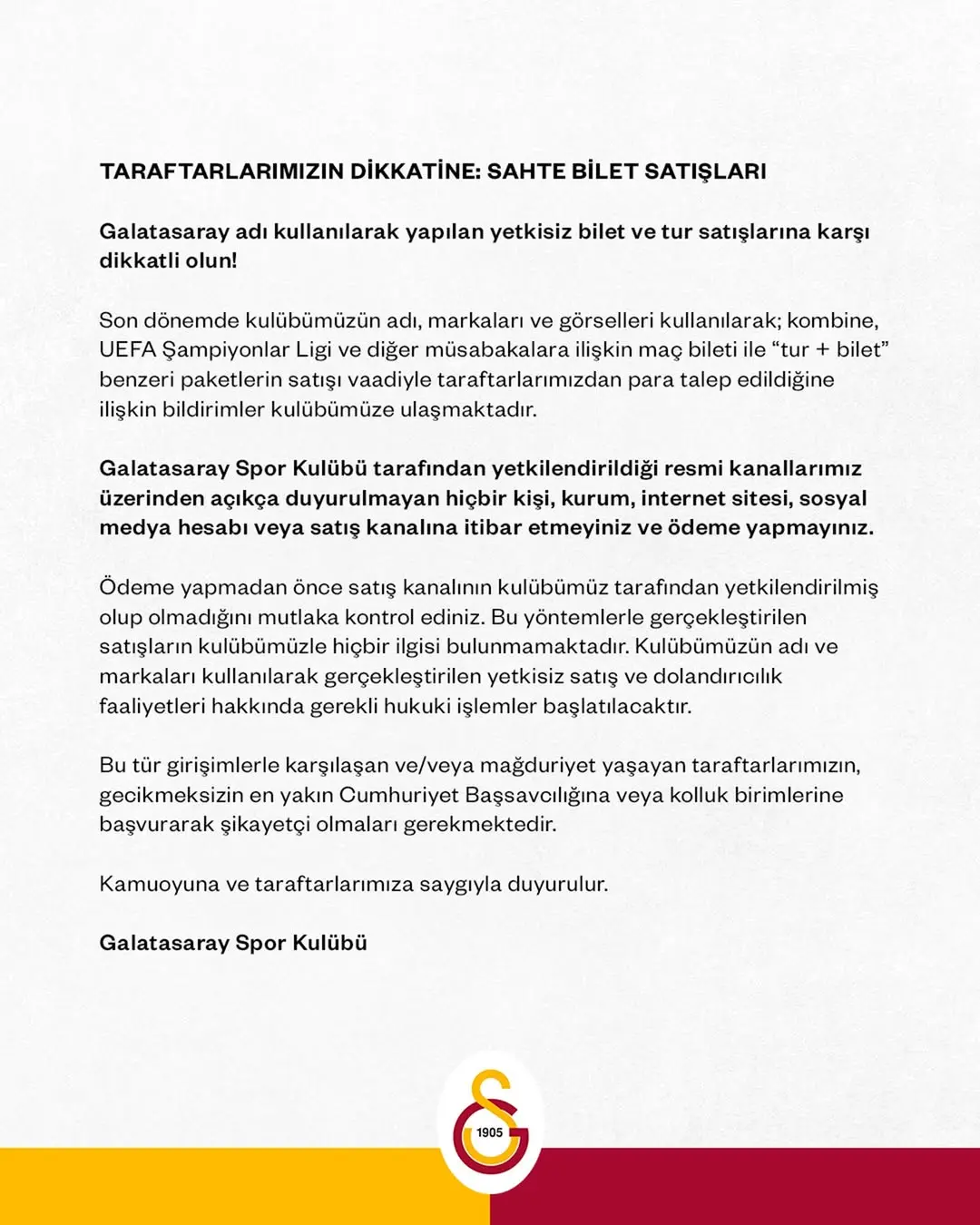 Galatasaray'dan Sahibi Belirsiz Bilet Uyarısı