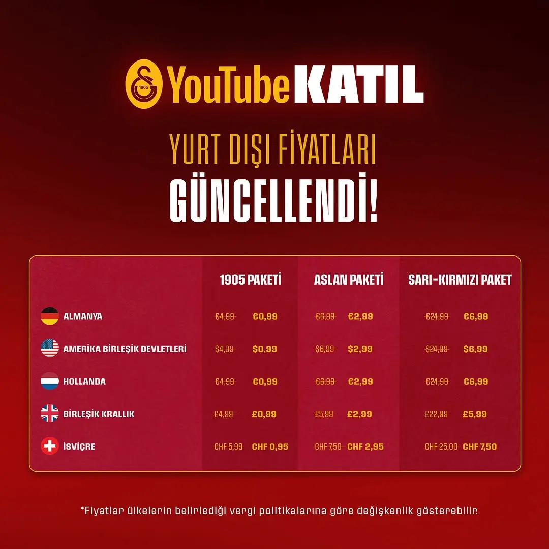Galatasaray YouTube KATIL Yurt Dışı Fiyatları Güncellendi