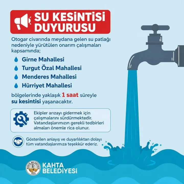 Kahta Belediyesi'nden Su Kesintisi Duyurusu