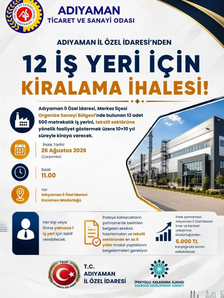 Adıyaman İl Özel İdaresi 12 İşyerini Kiralama İhalesi Düzenliyor