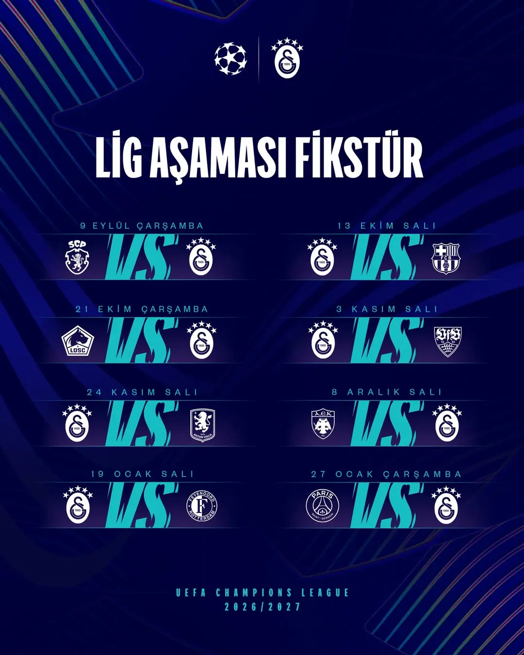 Galatasaray'ın UEFA Şampiyonlar Ligi Fikstürü Açıklandı