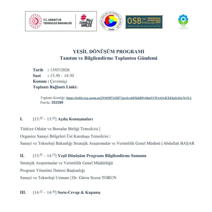 Yeşil Dönüşüm Programı Çevrimiçi Tanıtım ve Bilgilendirme Toplantısı Düzenleniyor